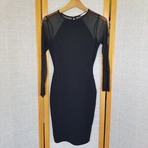 Olive Tree Black Body Con Dress Mesh Stretch Sheer Sleeves Y2K Size Medium